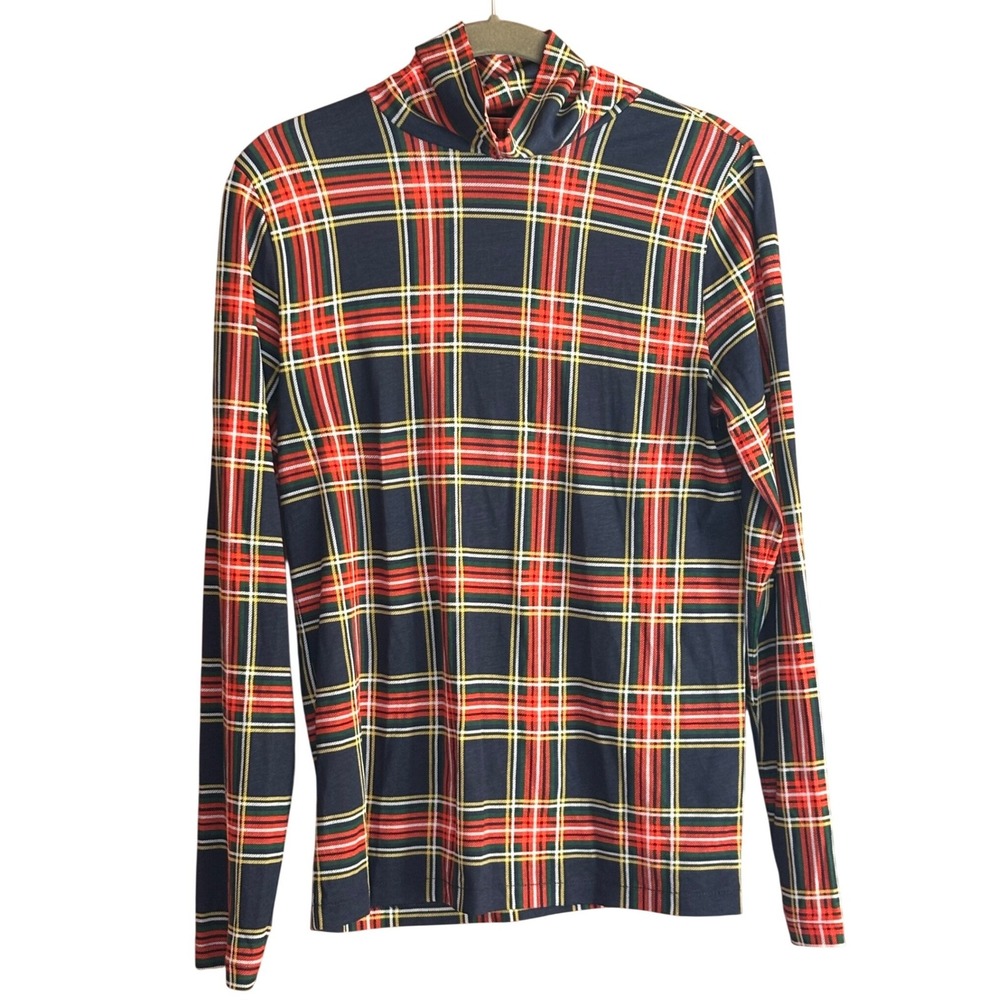 J.Crew Plaid Tartan Cotton Turtleneck Size M Preppy Holiday Layering Traditional